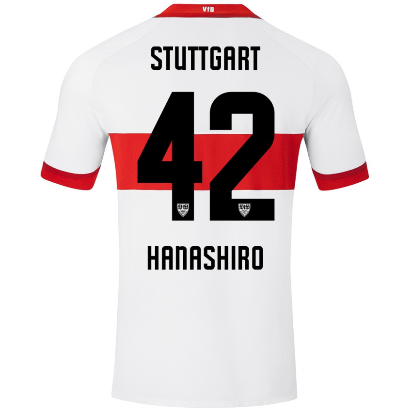 Mujer Camiseta Rinto Hanashiro #42 Blanco Rojo 1ª Equipación 2024/25 La Camisa