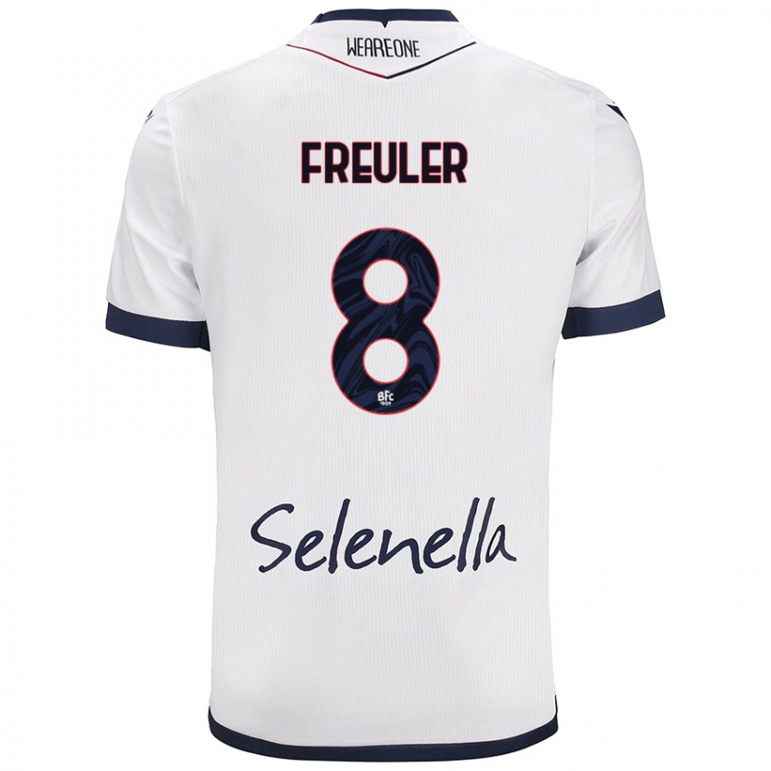 Mujer Camiseta Remo Freuler #8 Blanco Azul Real 2ª Equipación 2024/25 La Camisa