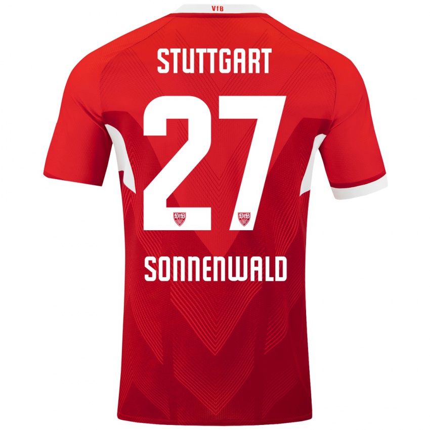 Mujer Camiseta Lukas Sonnenwald #27 Rojo Blanco 2ª Equipación 2024/25 La Camisa