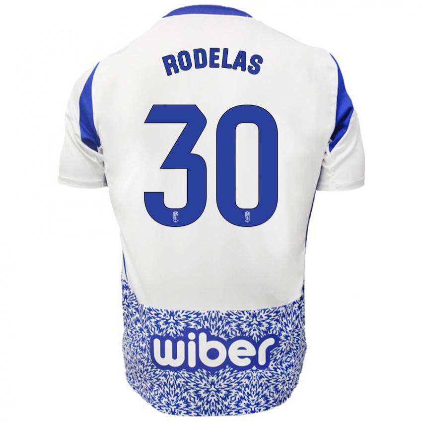 Mujer Camiseta Sergio Rodelas #30 Blanco Azul 2ª Equipación 2024/25 La Camisa