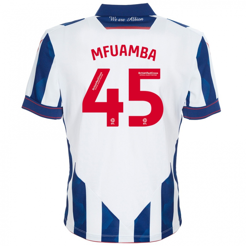 Niño Camiseta Kevin Mfuamba #45 Blanco Azul Oscuro 1ª Equipación 2024/25 La Camisa