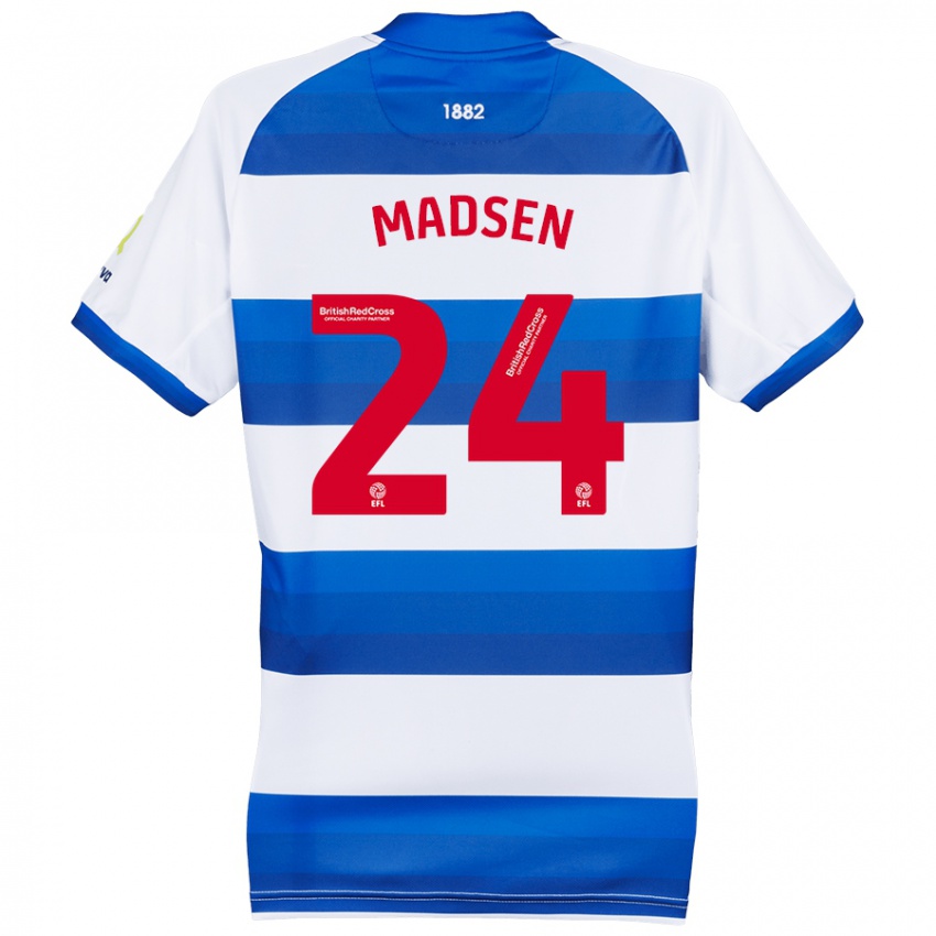 Niño Camiseta Nicolas Madsen #24 Blanco Azul 1ª Equipación 2024/25 La Camisa