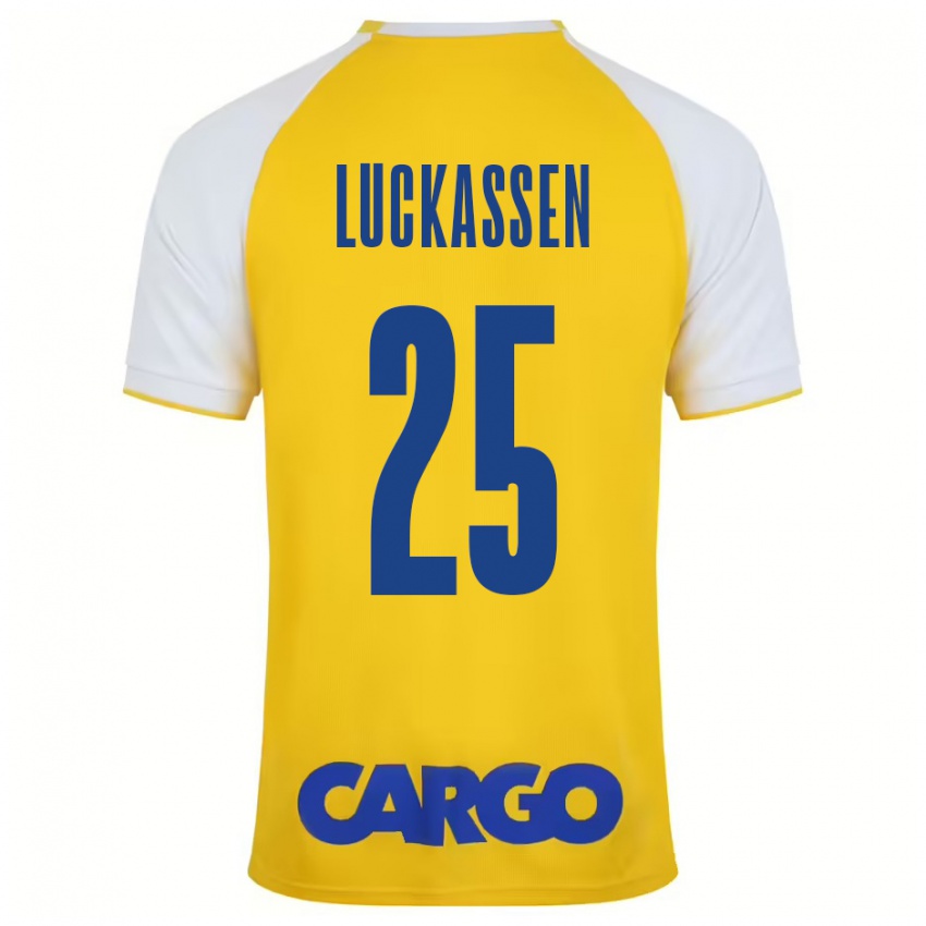 Niño Camiseta Derrick Luckassen #25 Amarillo Blanco 1ª Equipación 2024/25 La Camisa