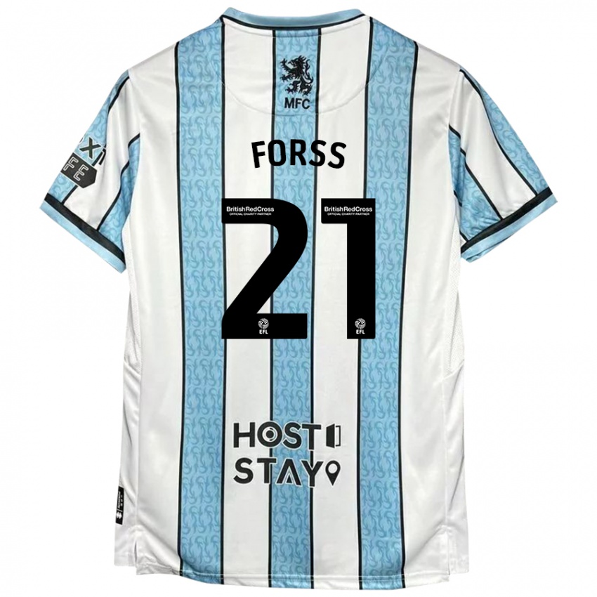 Niño Camiseta Marcus Forss #21 Blanco Azul 2ª Equipación 2024/25 La Camisa