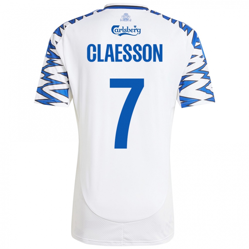 Niño Camiseta Viktor Claesson #7 Blanco Azul Cielo 1ª Equipación 2024/25 La Camisa