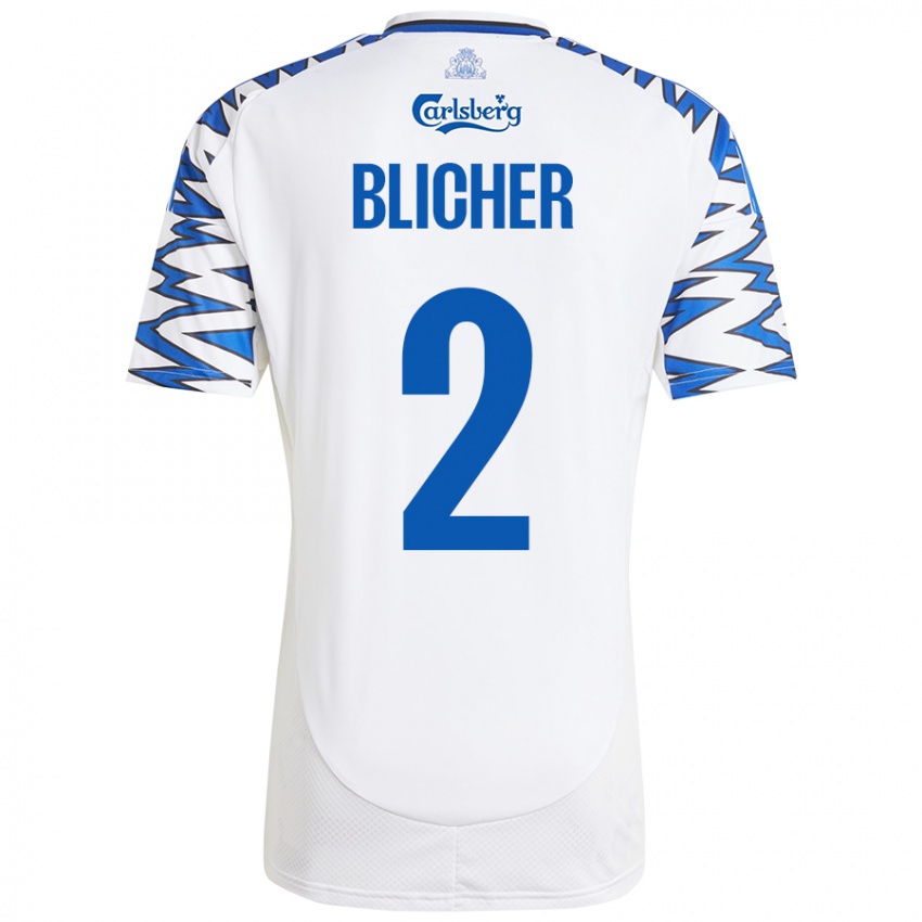 Niño Camiseta Nicolai Blicher #2 Blanco Azul Cielo 1ª Equipación 2024/25 La Camisa