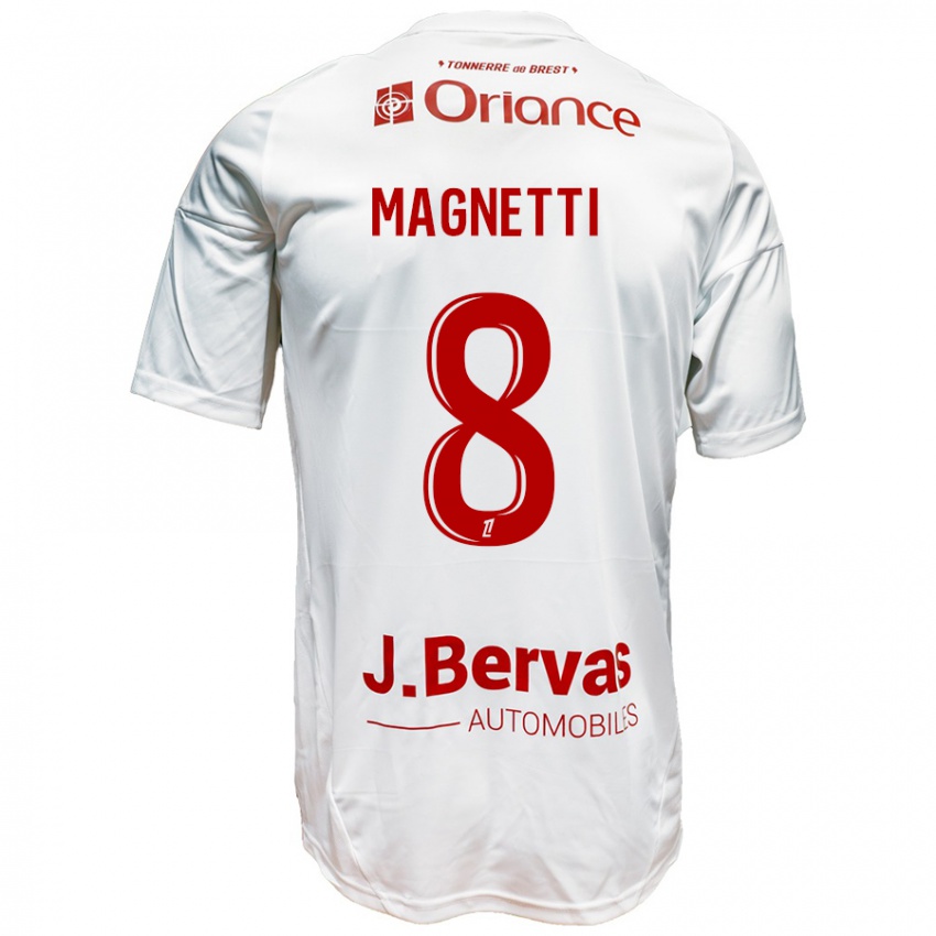 Niño Camiseta Hugo Magnetti #8 Blanco Rojo 2ª Equipación 2024/25 La Camisa