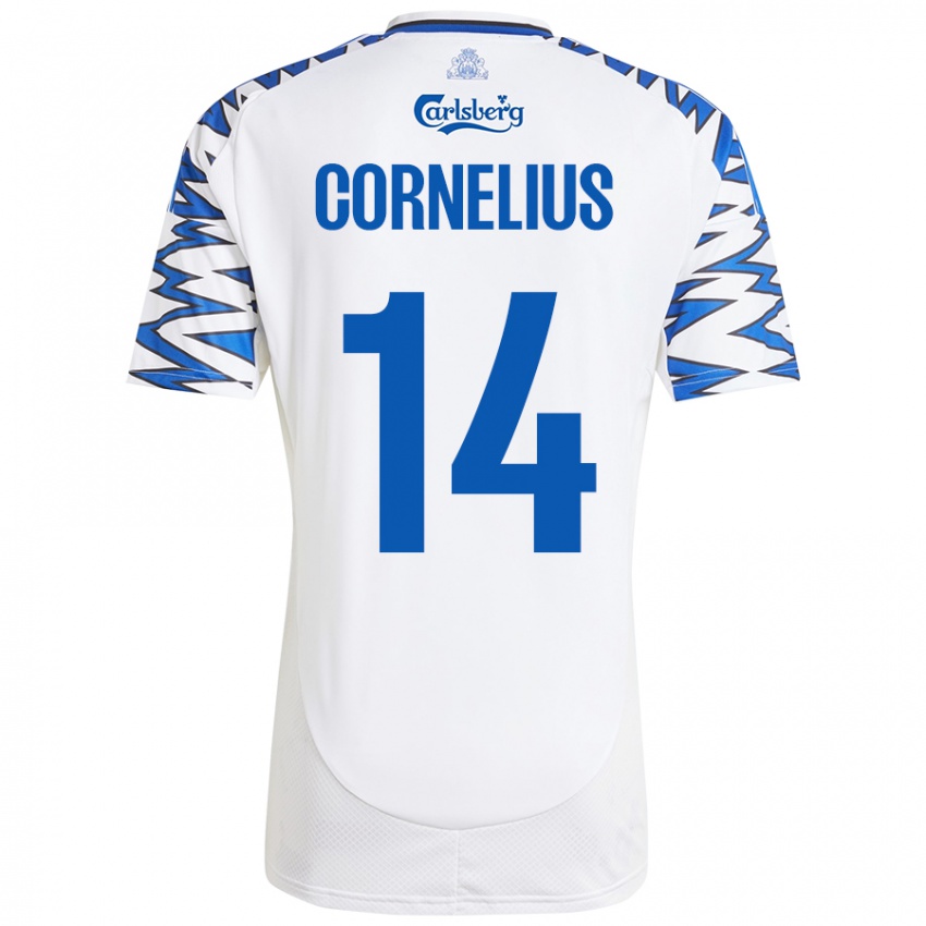 Mujer Camiseta Andreas Cornelius #14 Blanco Azul Cielo 1ª Equipación 2024/25 La Camisa