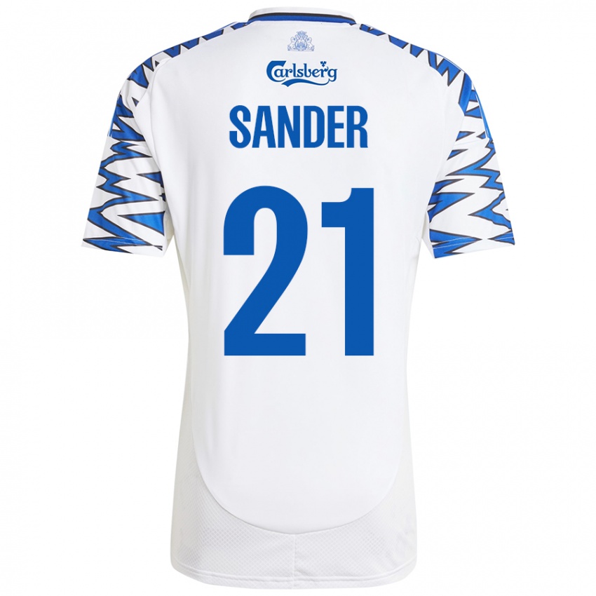 Mujer Camiseta Theo Sander #21 Blanco Azul Cielo 1ª Equipación 2024/25 La Camisa