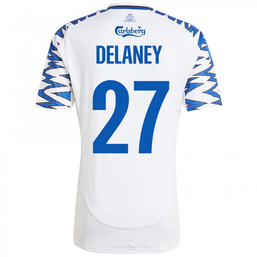 Mujer Camiseta Thomas Delaney #27 Blanco Azul Cielo 1ª Equipación 2024/25 La Camisa