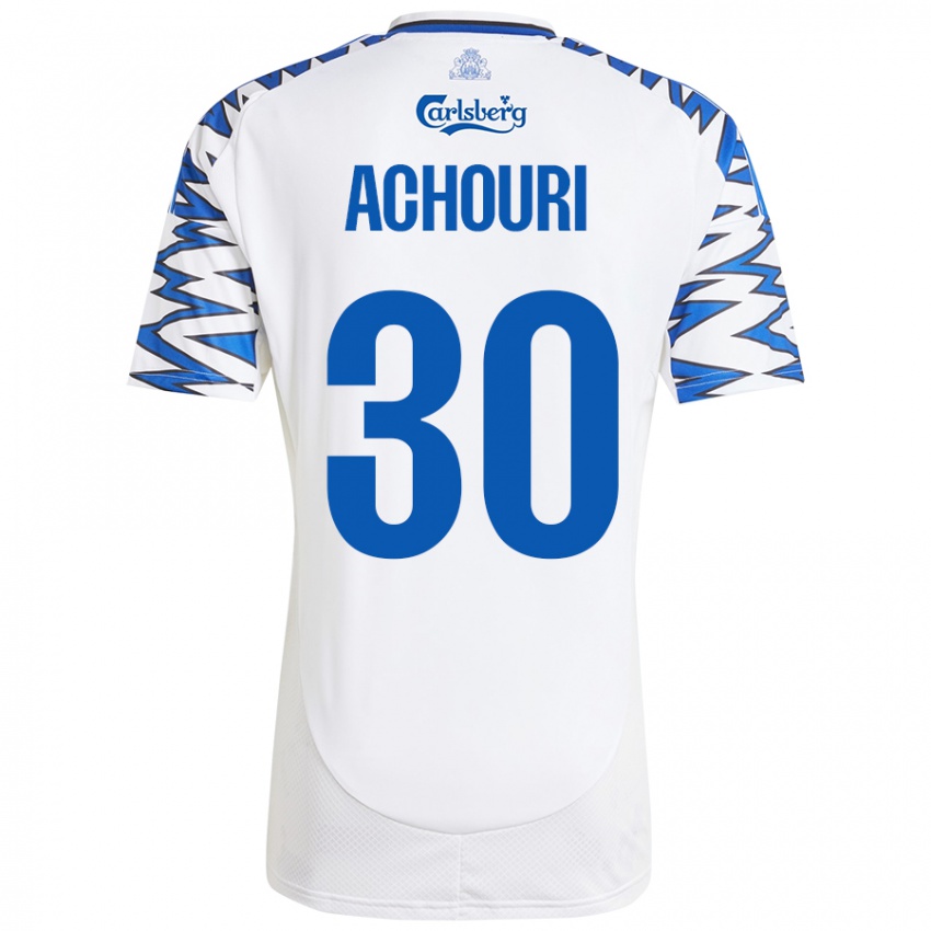 Mujer Camiseta Elias Achouri #30 Blanco Azul Cielo 1ª Equipación 2024/25 La Camisa