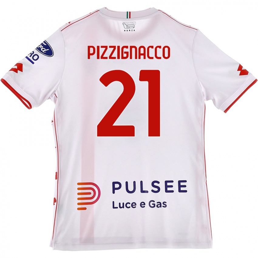 Mujer Camiseta Semuel Pizzignacco #21 Blanco Rojo 2ª Equipación 2024/25 La Camisa