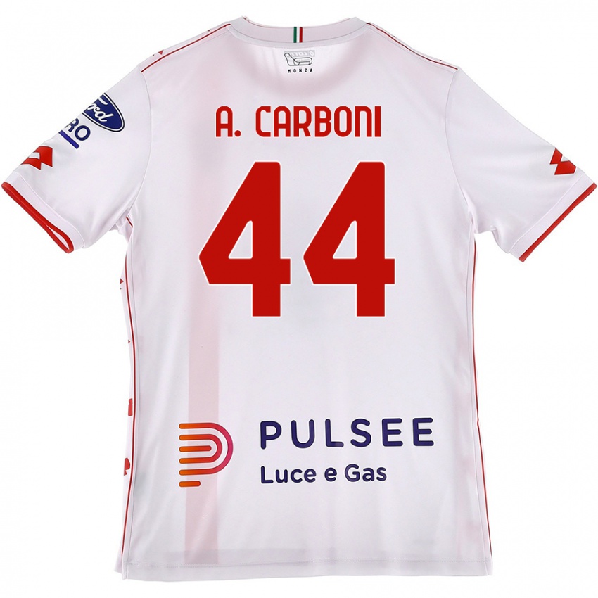 Mujer Camiseta Andrea Carboni #44 Blanco Rojo 2ª Equipación 2024/25 La Camisa