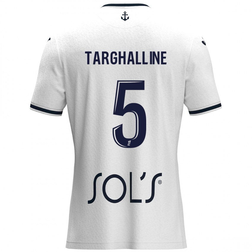 Mujer Camiseta Oussama Targhalline #5 Blanco Azul Oscuro 2ª Equipación 2024/25 La Camisa