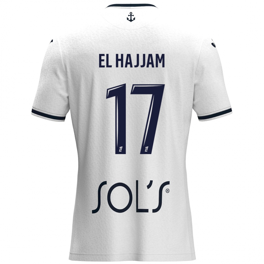 Mujer Camiseta Oualid El Hajjam #17 Blanco Azul Oscuro 2ª Equipación 2024/25 La Camisa