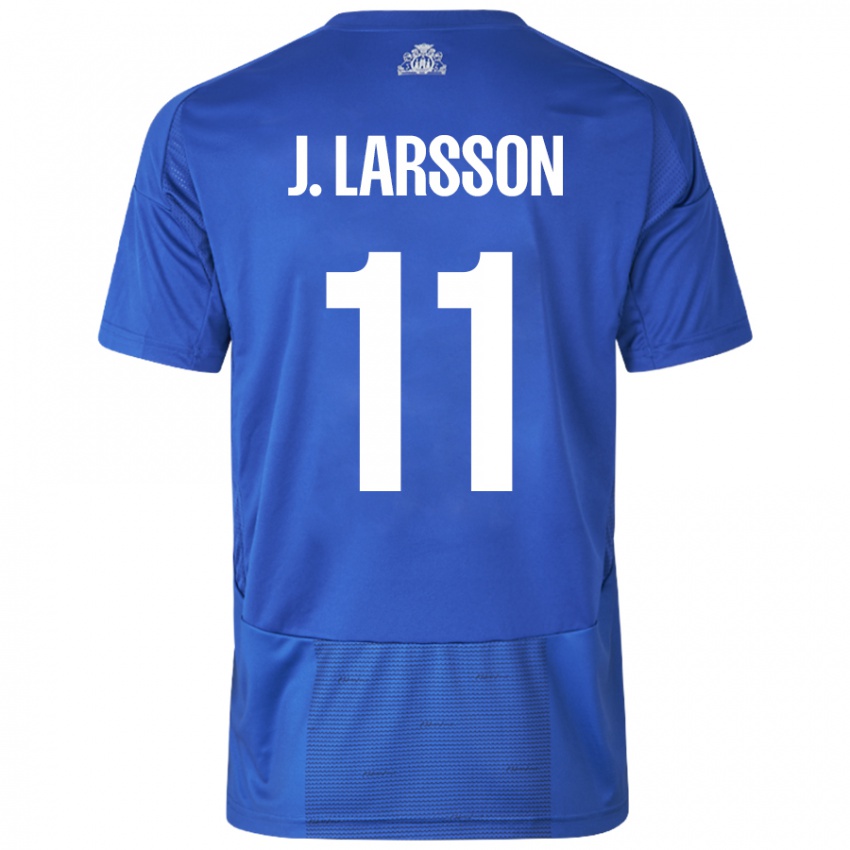 Mujer Camiseta Jordan Larsson #11 Blanco Azul 2ª Equipación 2024/25 La Camisa