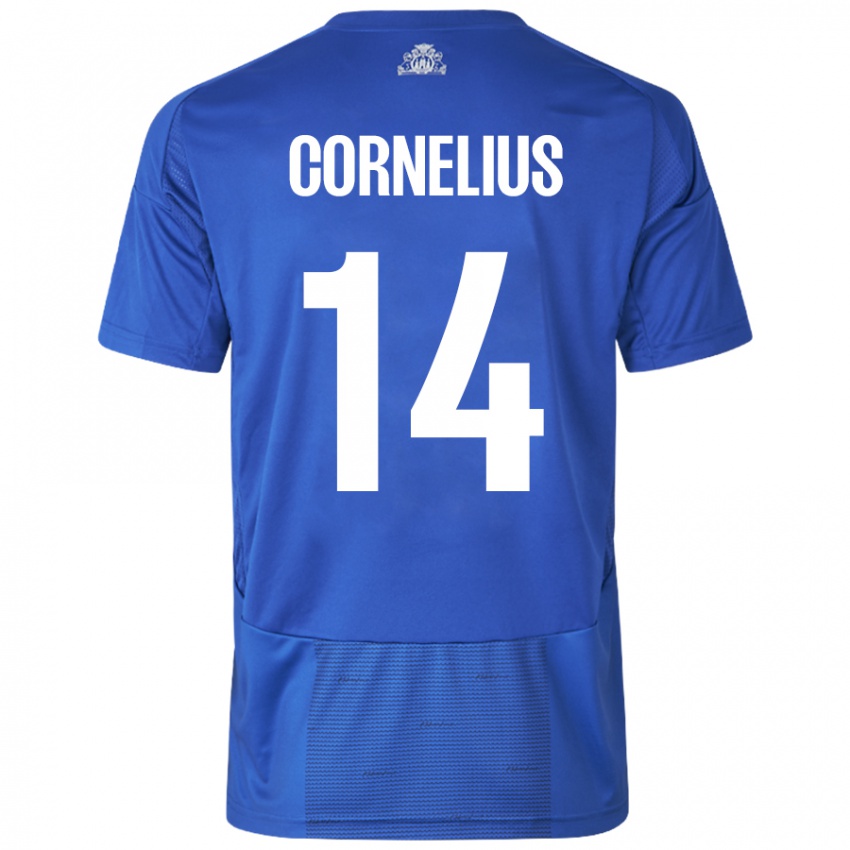 Mujer Camiseta Andreas Cornelius #14 Blanco Azul 2ª Equipación 2024/25 La Camisa