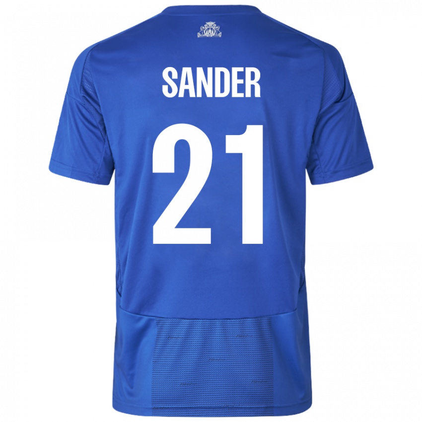 Mujer Camiseta Theo Sander #21 Blanco Azul 2ª Equipación 2024/25 La Camisa