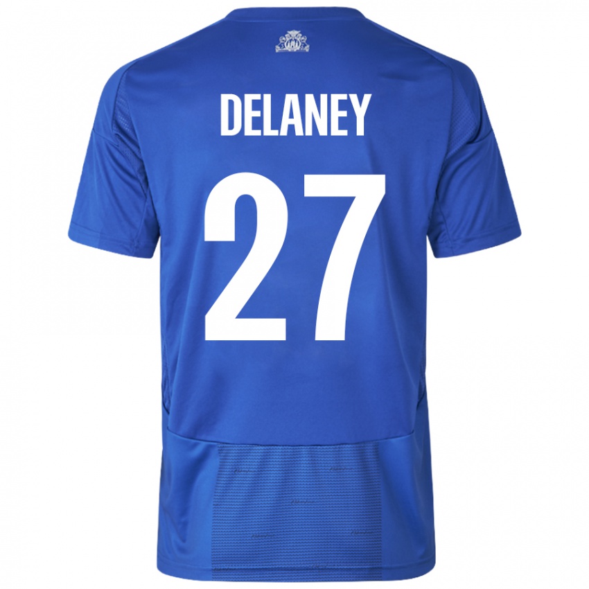 Mujer Camiseta Thomas Delaney #27 Blanco Azul 2ª Equipación 2024/25 La Camisa