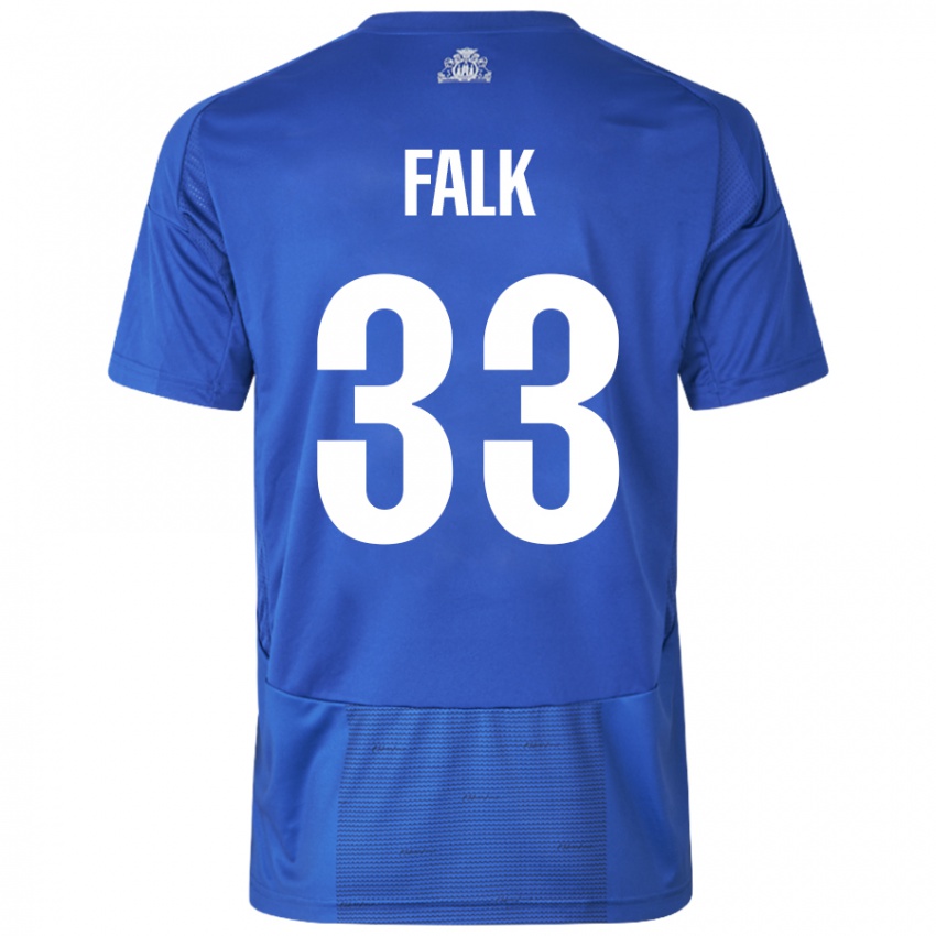 Mujer Camiseta Rasmus Falk #33 Blanco Azul 2ª Equipación 2024/25 La Camisa