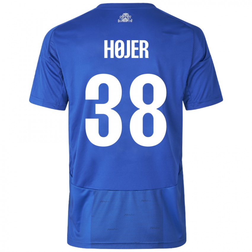 Mujer Camiseta Oliver Højer #38 Blanco Azul 2ª Equipación 2024/25 La Camisa